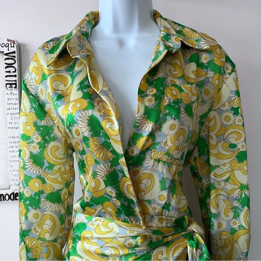 Zara Satin Wrap Yellow Green Floral Paisley Influencer  Baddie Mini Dress Size S